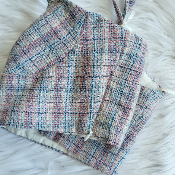 Zara White and Blue Pink Tweed Cropped Bralette Size Small Summer top NWT - Picture 8 of 10